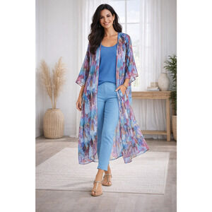 Women's One Size Unbranded CHIFFON Kimono DUSTER 3/4 Sleeves Feather Print PINK